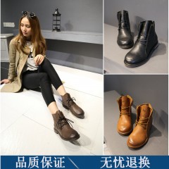 2019秋冬复古短靴平底系带真皮马丁靴英伦风女鞋加绒粗跟短筒靴子