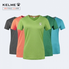 卡尔美跑步T恤衫女夏季V领短袖外套231正品kelme运动休闲快干上衣